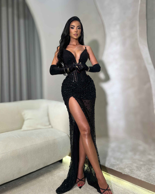 Black Crystal Corset Gown with Sheer Draped Skirt and High Slit