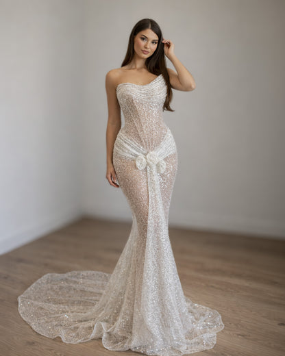 One-Shoulder Crystal Draped Mermaid Gown