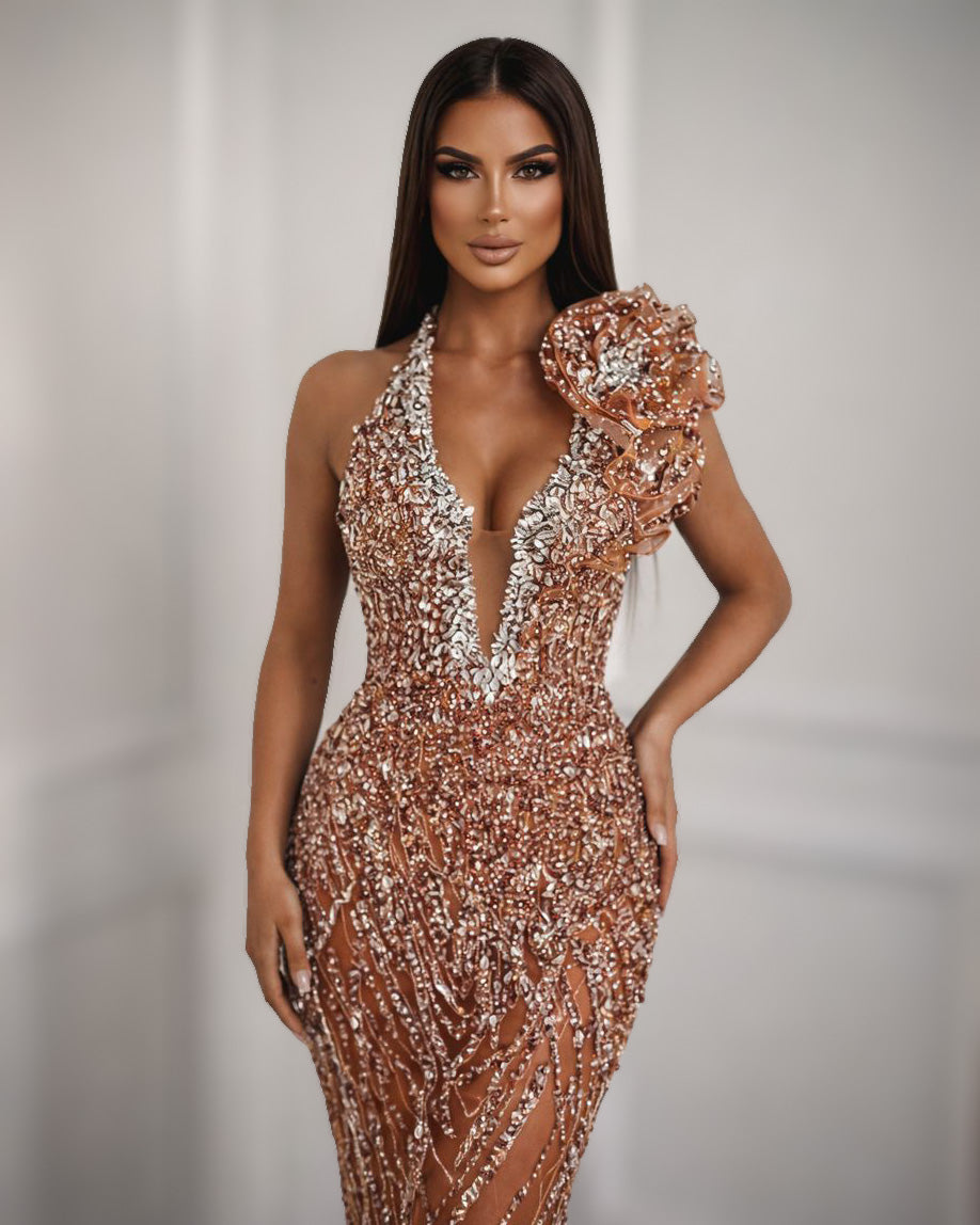 Orange Crystal Halter Corset Dress