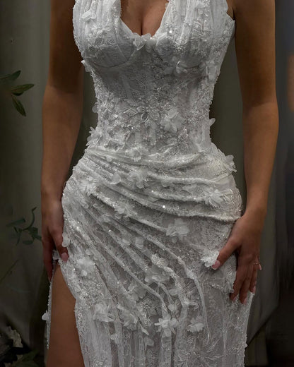 White Floral Lace Halter Couture Gown With High Slit