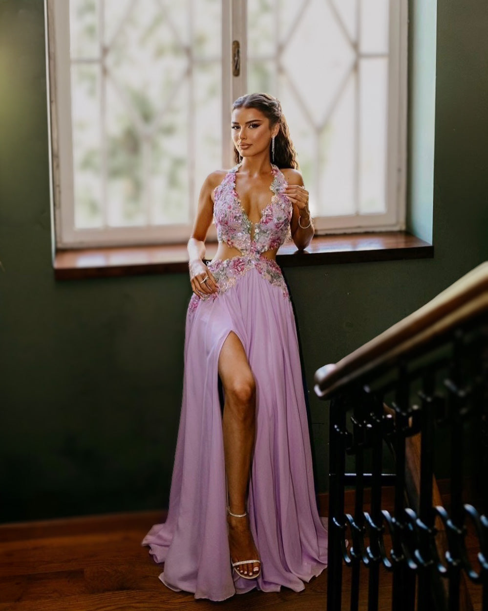 Lilac Floral Embellished Halter Cutout Gown