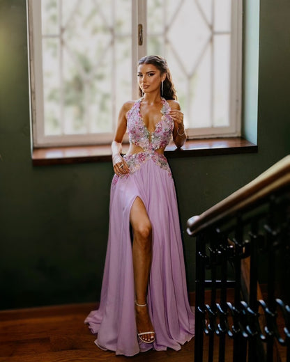 Lilac Floral Embellished Halter Cutout Gown
