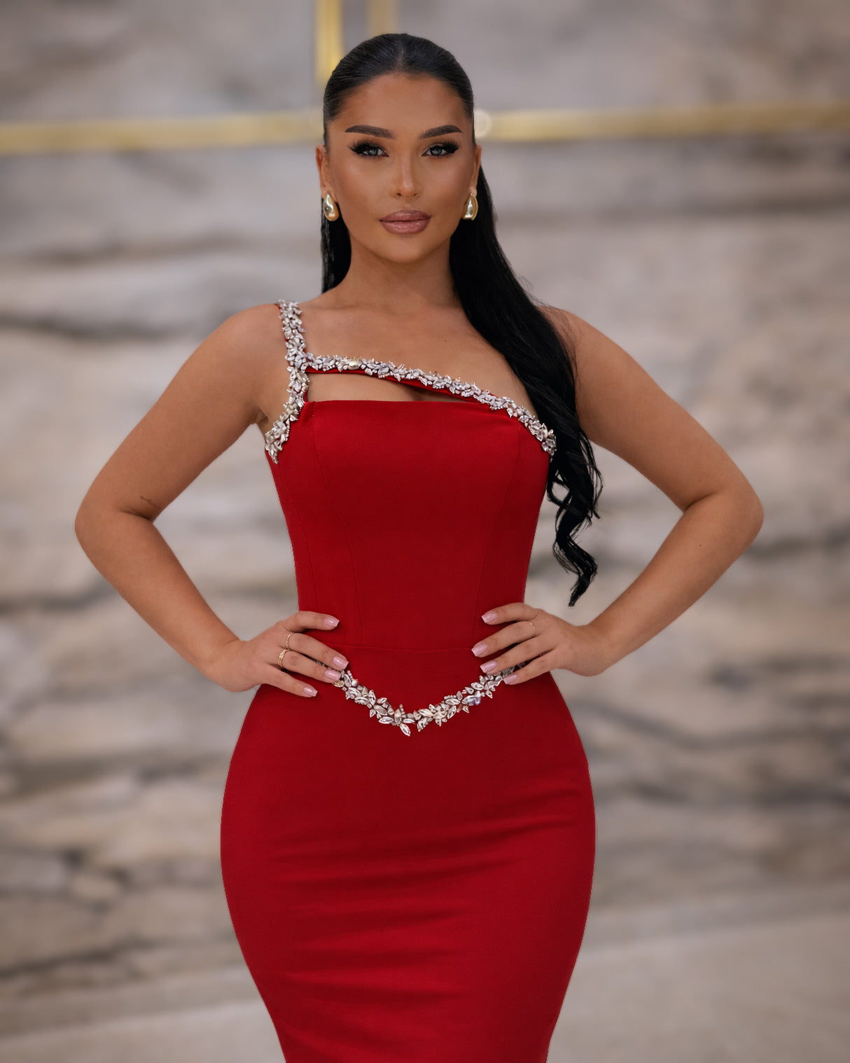 Red One-Shoulder Crystal Trim Column Gown