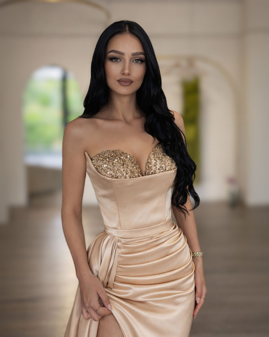 Champagne Crystal Corset Gown with High Slit