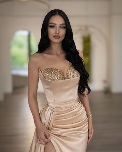 Champagne Crystal Corset Gown with High Slit