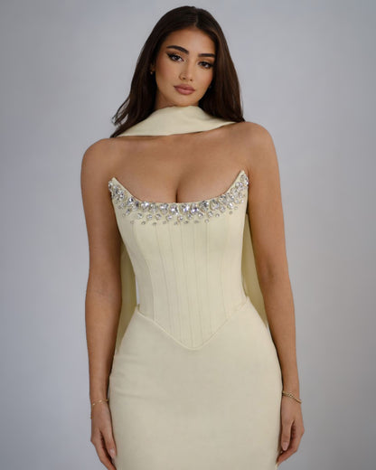 Ivory Crystal Corset Column Gown with Scarf Detail