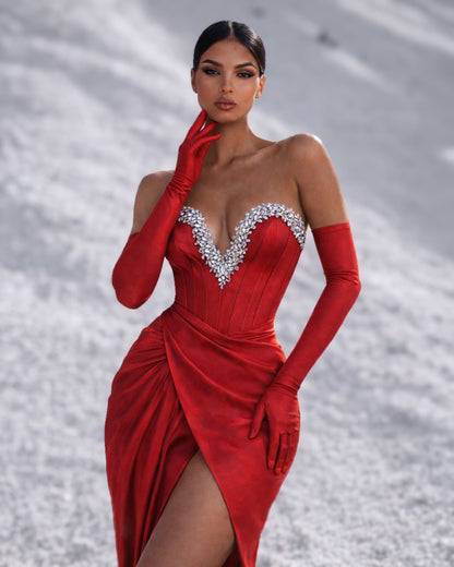 Red Crystal Plunge Corset Gown with Draped High-Slit Skirt and Gloves