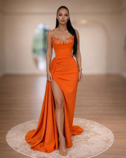 Orange Crystal Corset Gown with High Slit