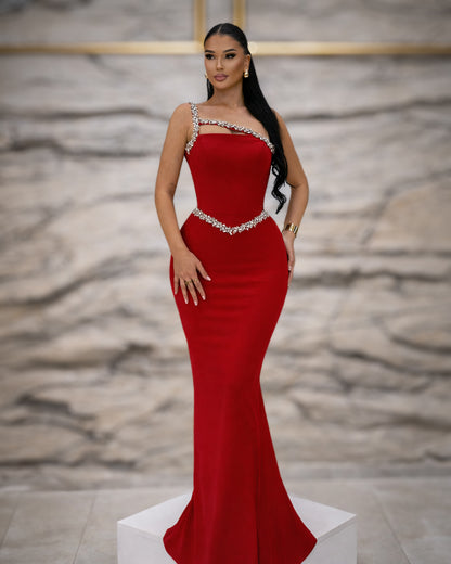 Red Crystal Strap Corset Evening Gown with Embellished Waist