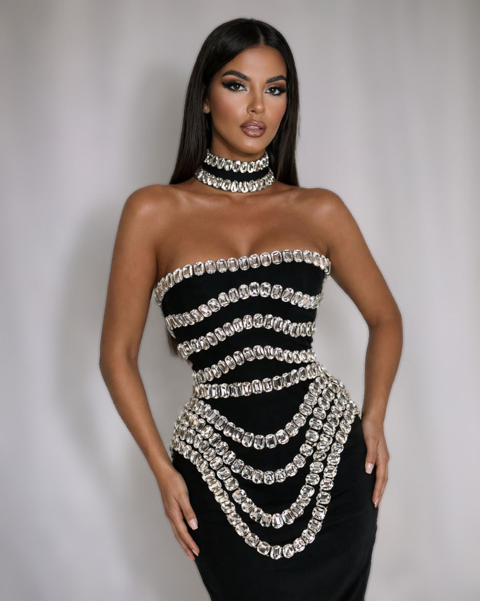 Black Crystal Corset Gown with Draped Chain Embellishments