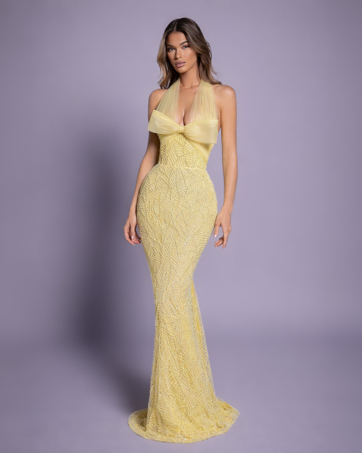 Butter Yellow Halter Crystal Column Gown