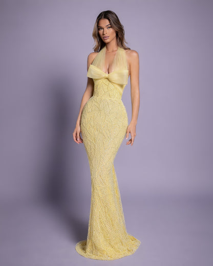 Butter Yellow Halter Crystal Column Gown