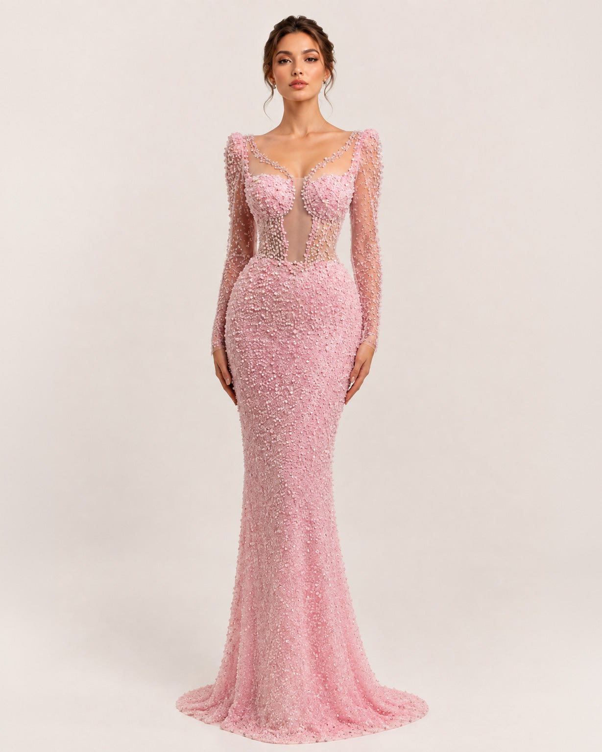 Blush Pink Long Sleeve Beaded Illusion Corset Mermaid Dress