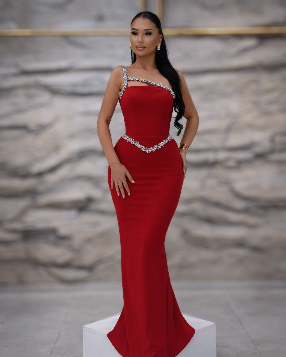 Red One-Shoulder Crystal Trim Column Gown