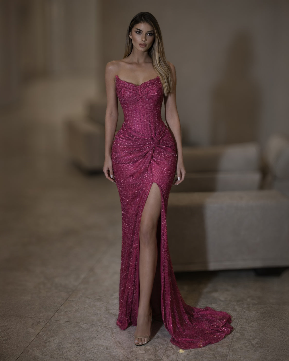 Fuchsia Crystal Strapless Corset Dress with Slit