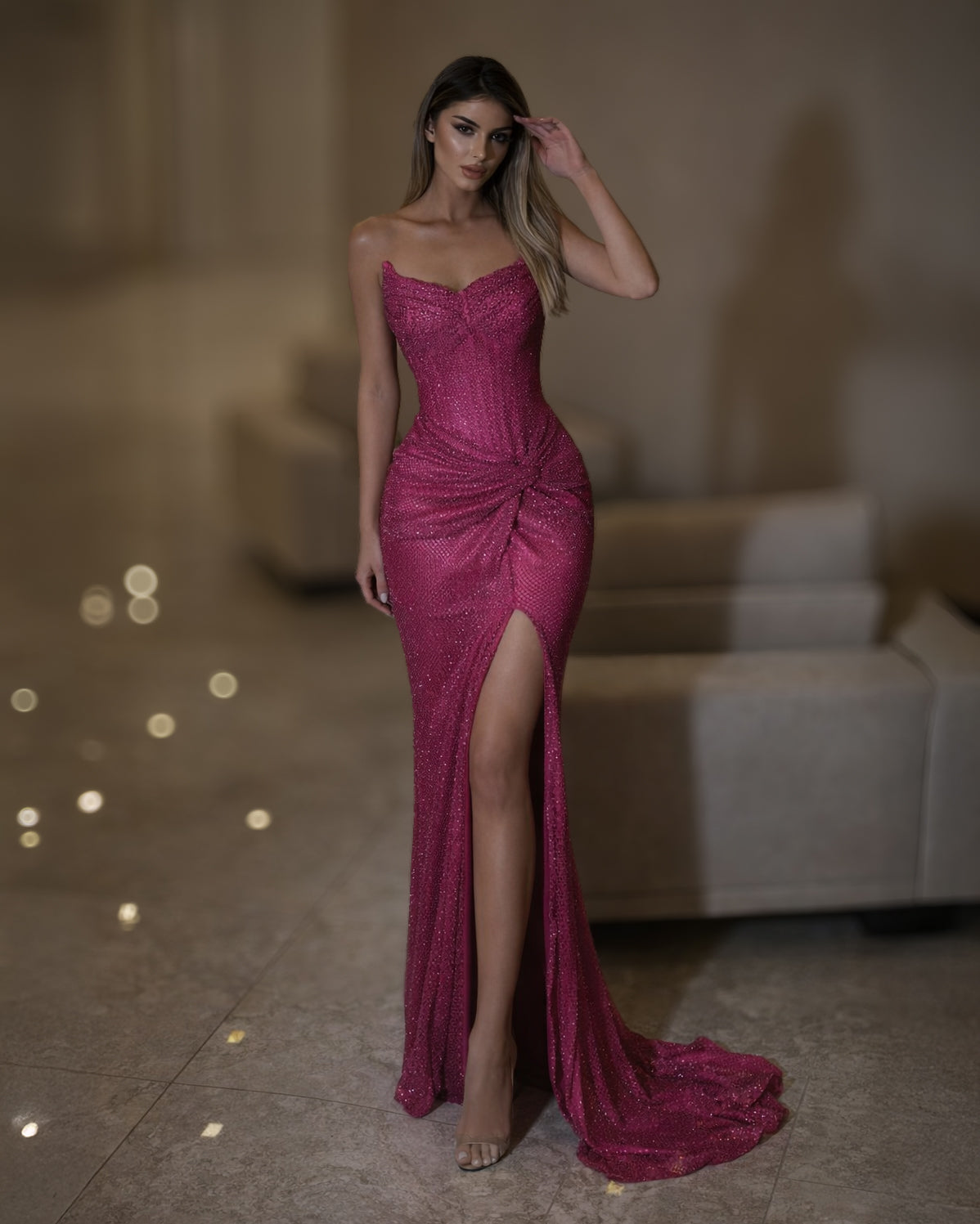 Fuchsia Crystal Strapless Corset Dress | Elegant Evening DressFuchsia Crystal Strapless Corset Dress