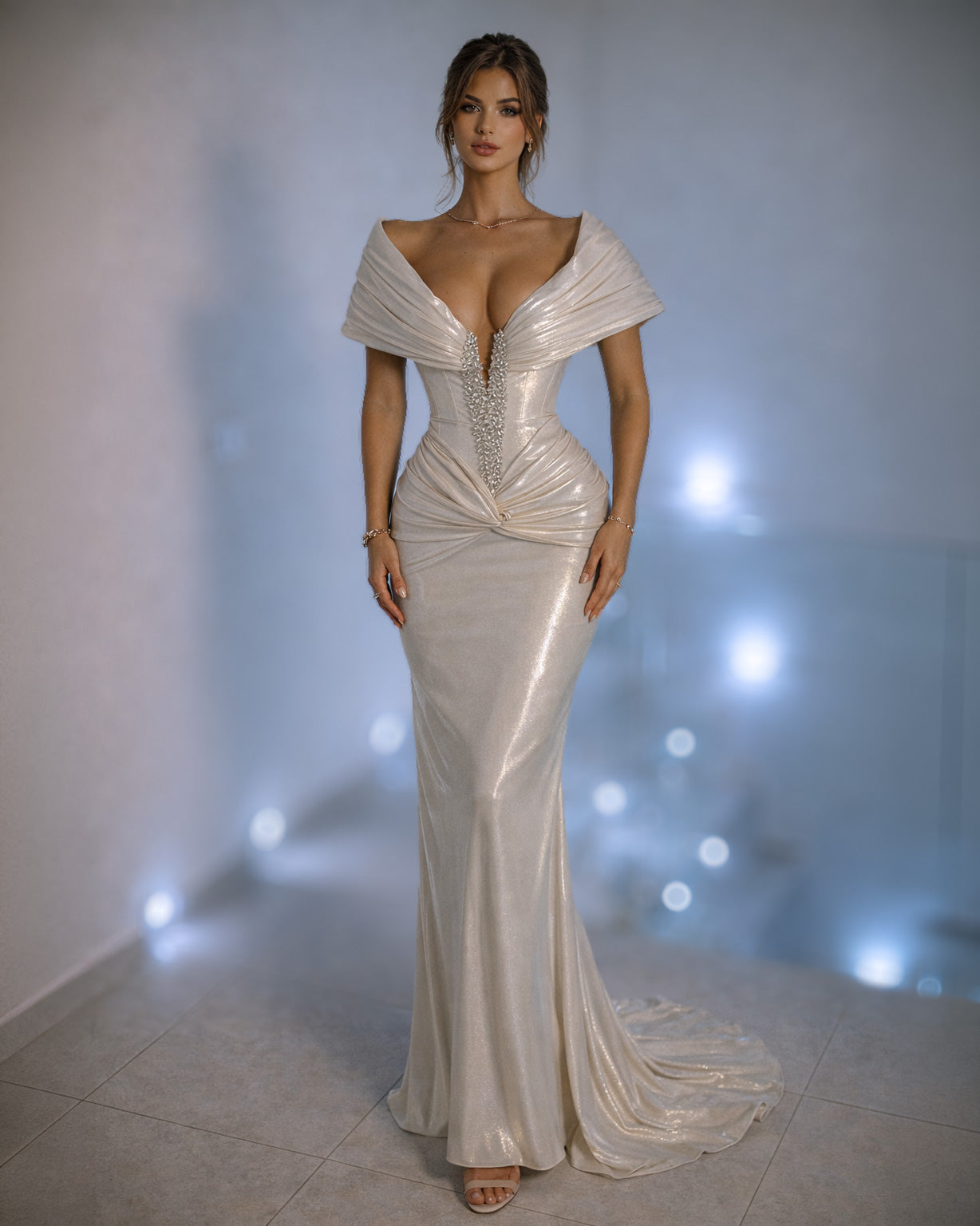Ivory Draped Corset Evening Gown with Crystal Center Detail