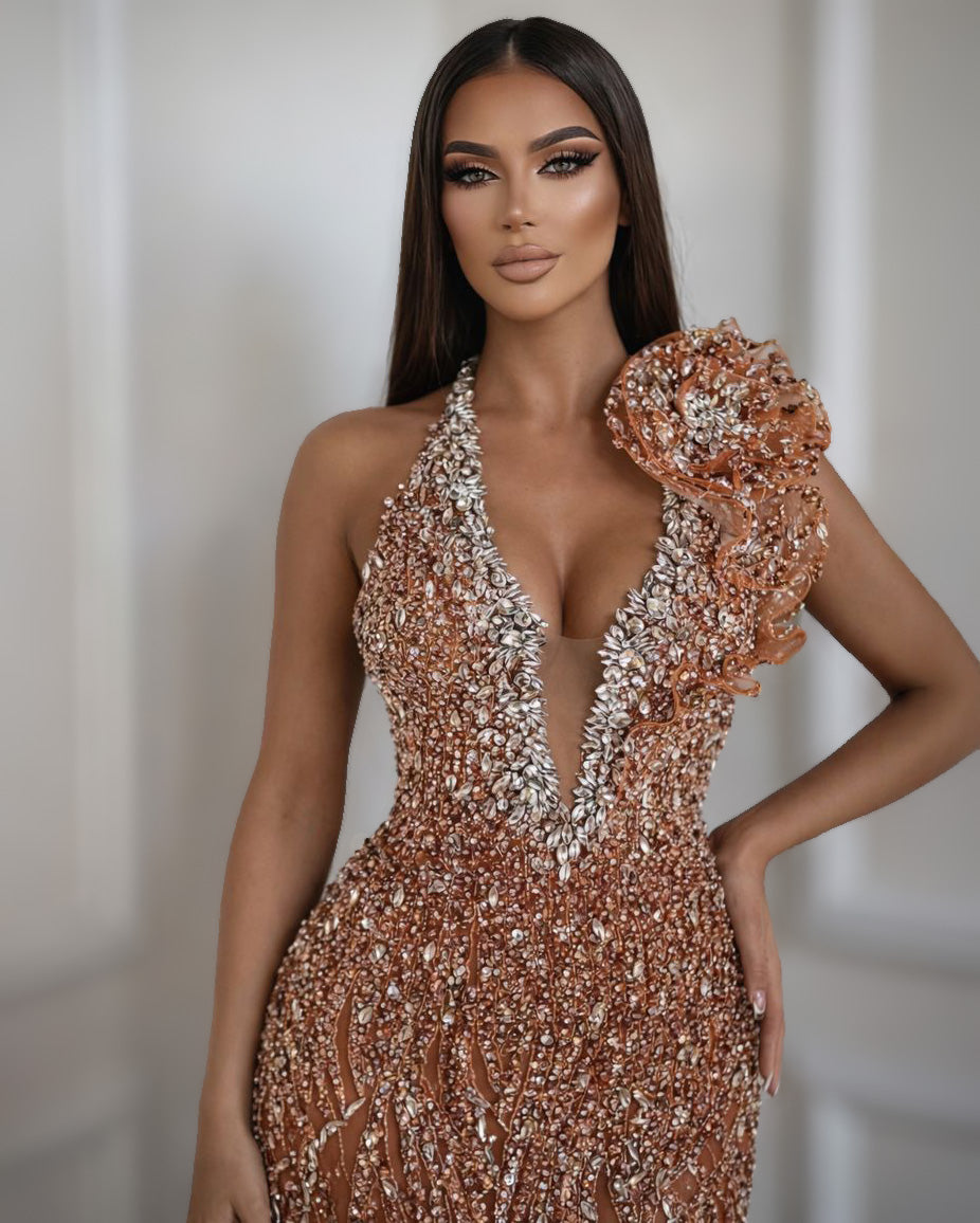 Orange Crystal Halter Corset Dress