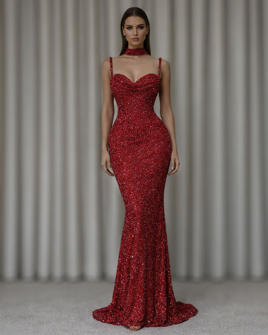 Red Crystal Corset Mermaid Evening Gown with Straps and Choker