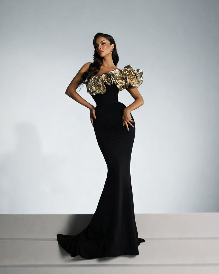 Black Sculpted Corset Gown with Gold Floral Bodice