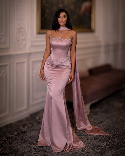 Rose Blush Satin Corset Gown with Crystal Trim