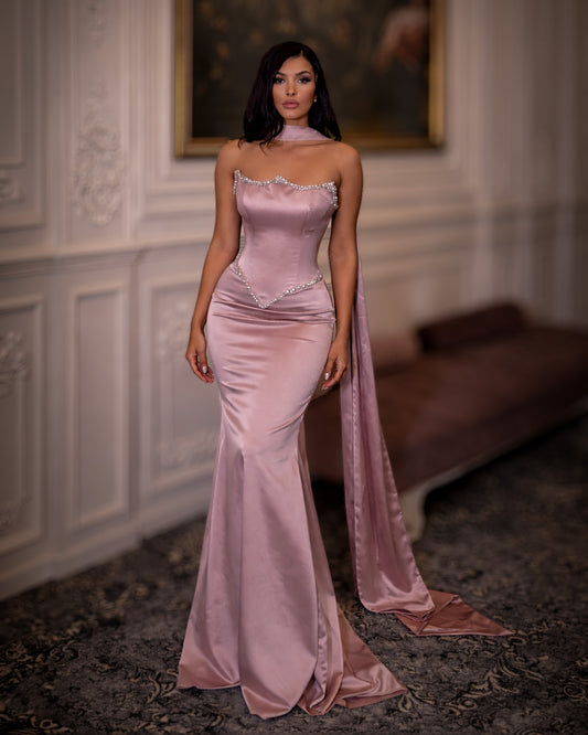 Rose Blush Satin Corset Gown with Crystal Trim