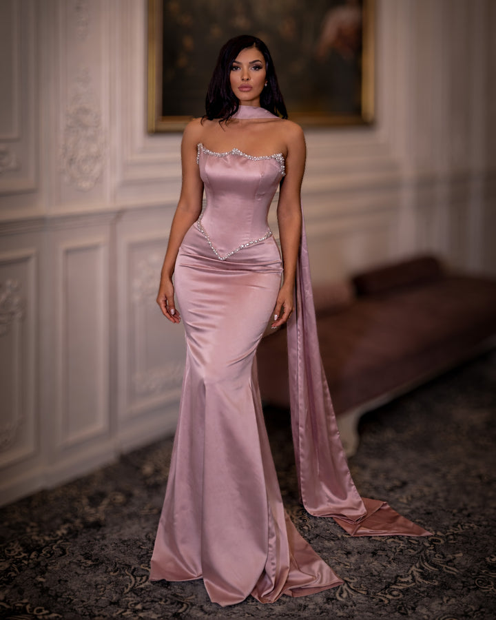 Blush pink satin corset evening gown with crystal trim