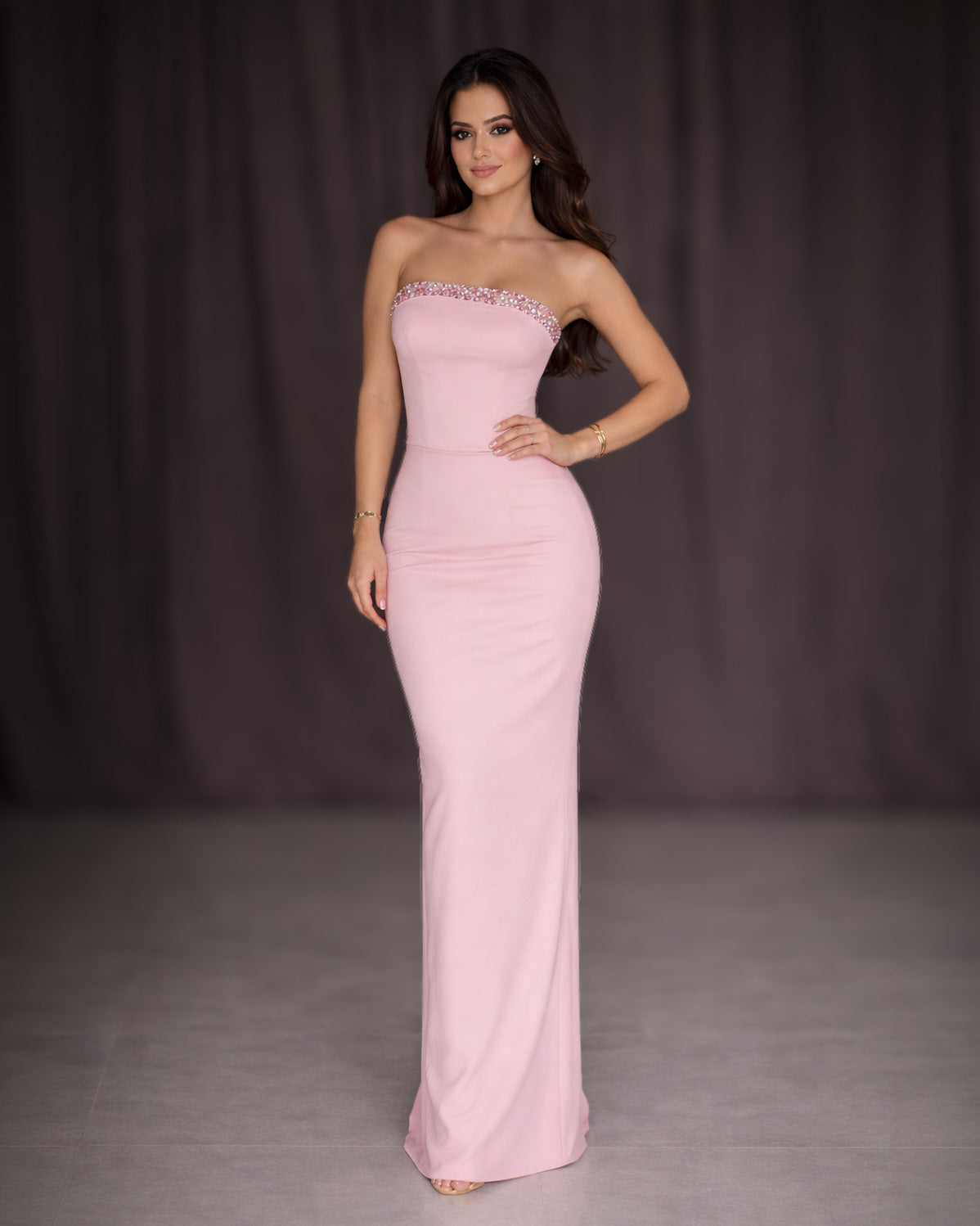 Blush Pink Strapless Crystal Trim Column Gown