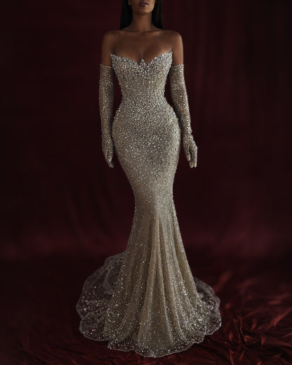Silver Crystal Strapless Mermaid Gown with Embellished Gloves