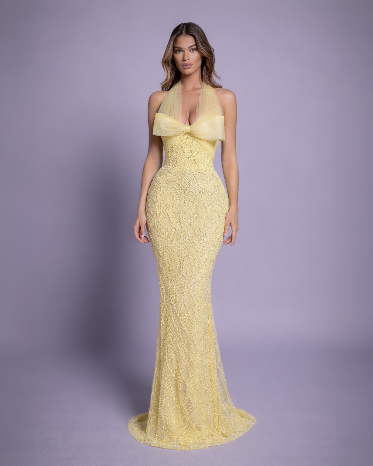 Butter Yellow Halter Crystal Column Gown