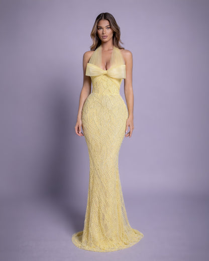 Butter Yellow Halter Crystal Column Gown