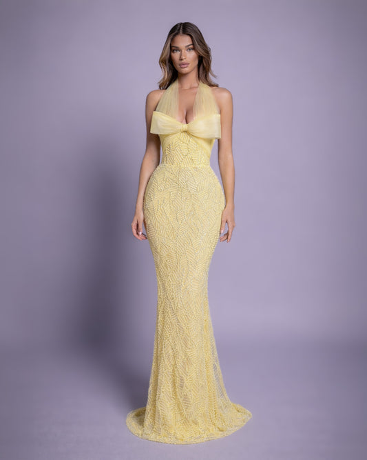 Butter Yellow Halter Crystal Column Gown