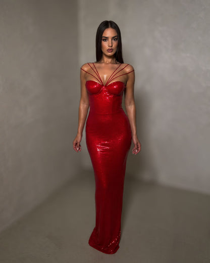 Red Crystal Strap Mermaid Evening Gown