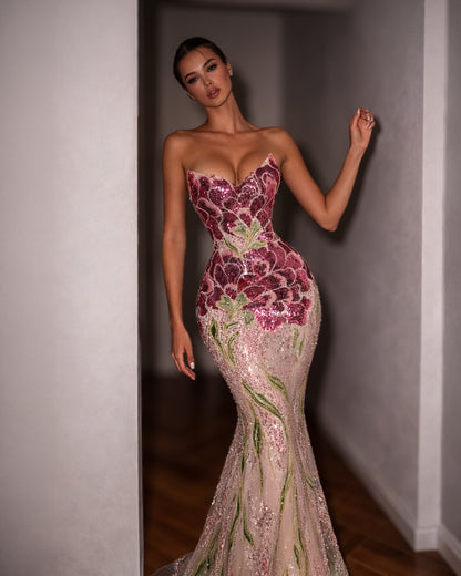 Strapless Floral Sequin Mermaid Evening Gown in Blush and Burgundy