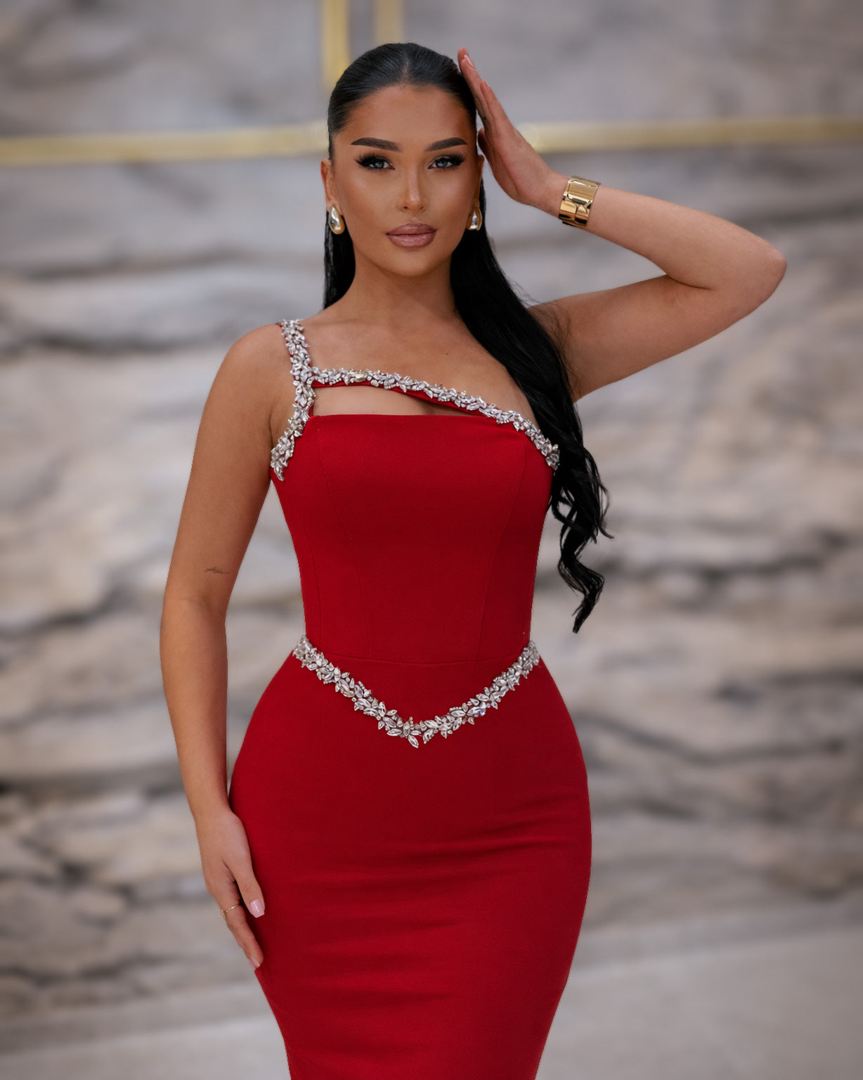 Red One-Shoulder Crystal Trim Column Gown