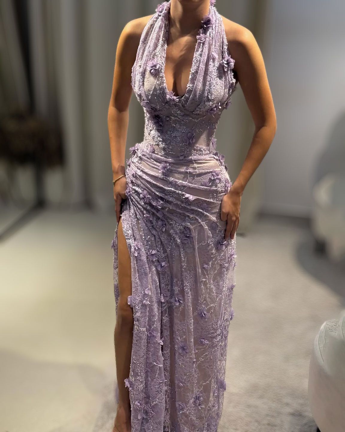 Lilac 3D Floral Draped Halter Gown With High Slit