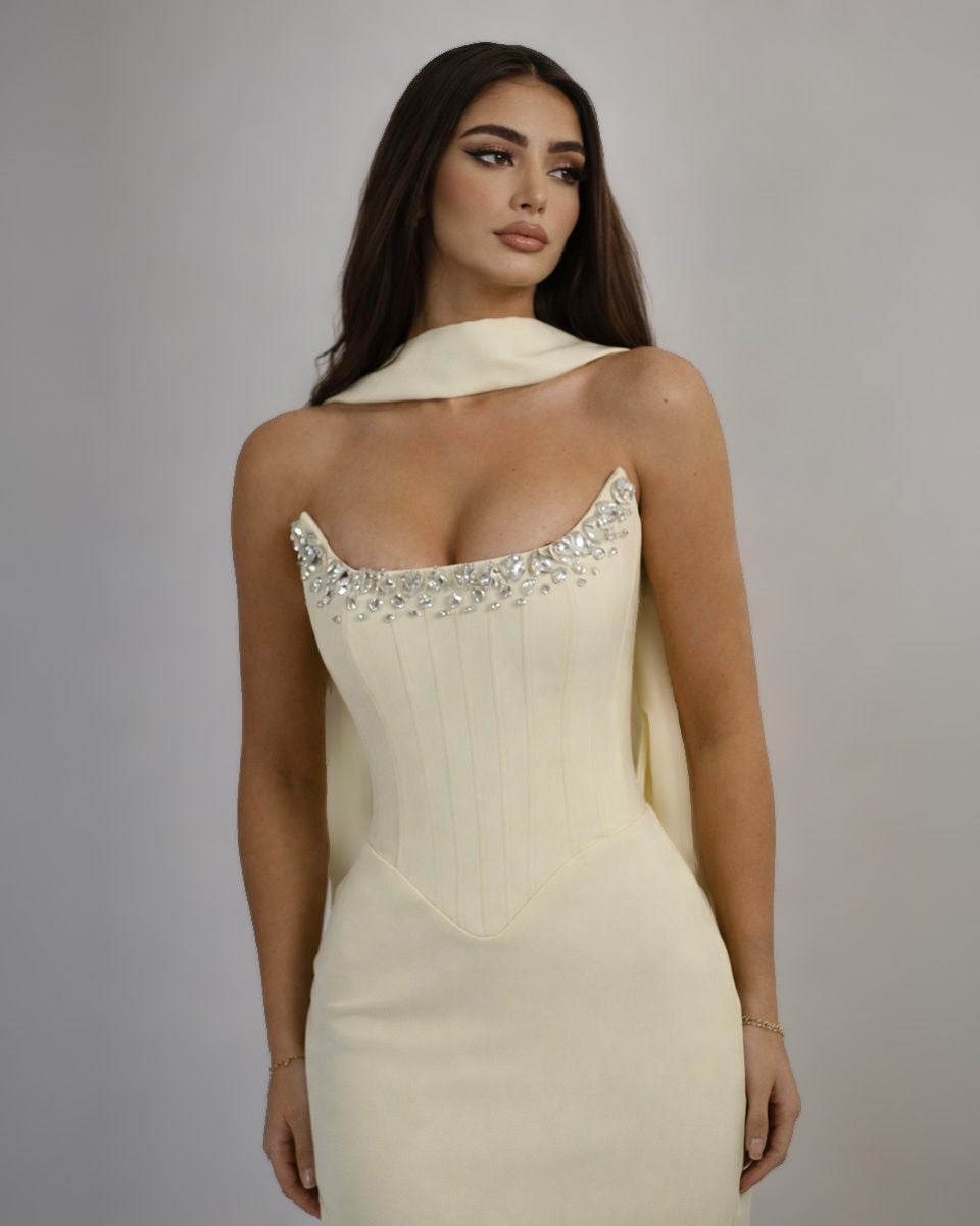 Ivory Crystal Corset Column Gown with Scarf Detail