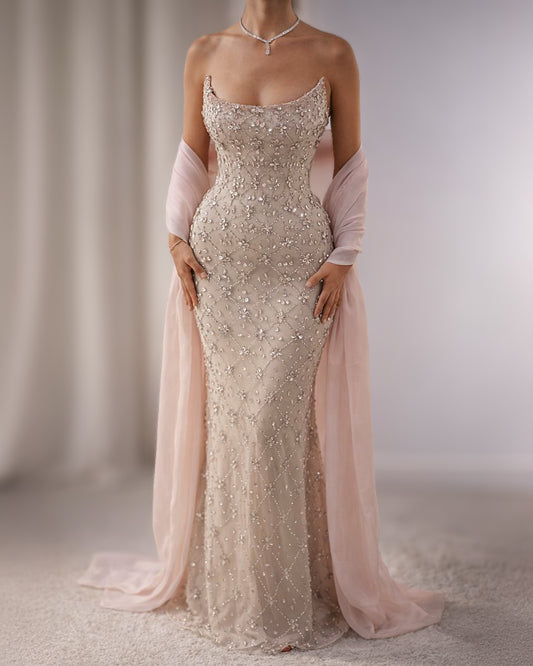 Blush Crystal Corset Column Gown