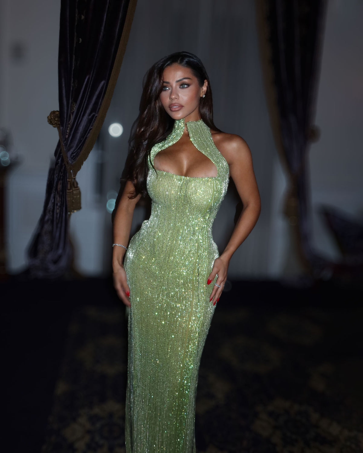 Mint green crystal cutout corset gown with sculpted choker neckline
