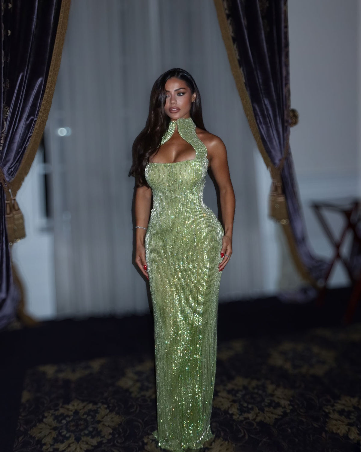 Mint green crystal fitted column gown full-length front view