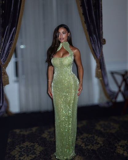 Mint green crystal fitted column gown full-length front view