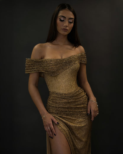 Gold Crystal Off-Shoulder Corset Evening Dress