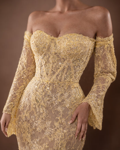 Butter Yellow Off-Shoulder Lace Mermaid Gown