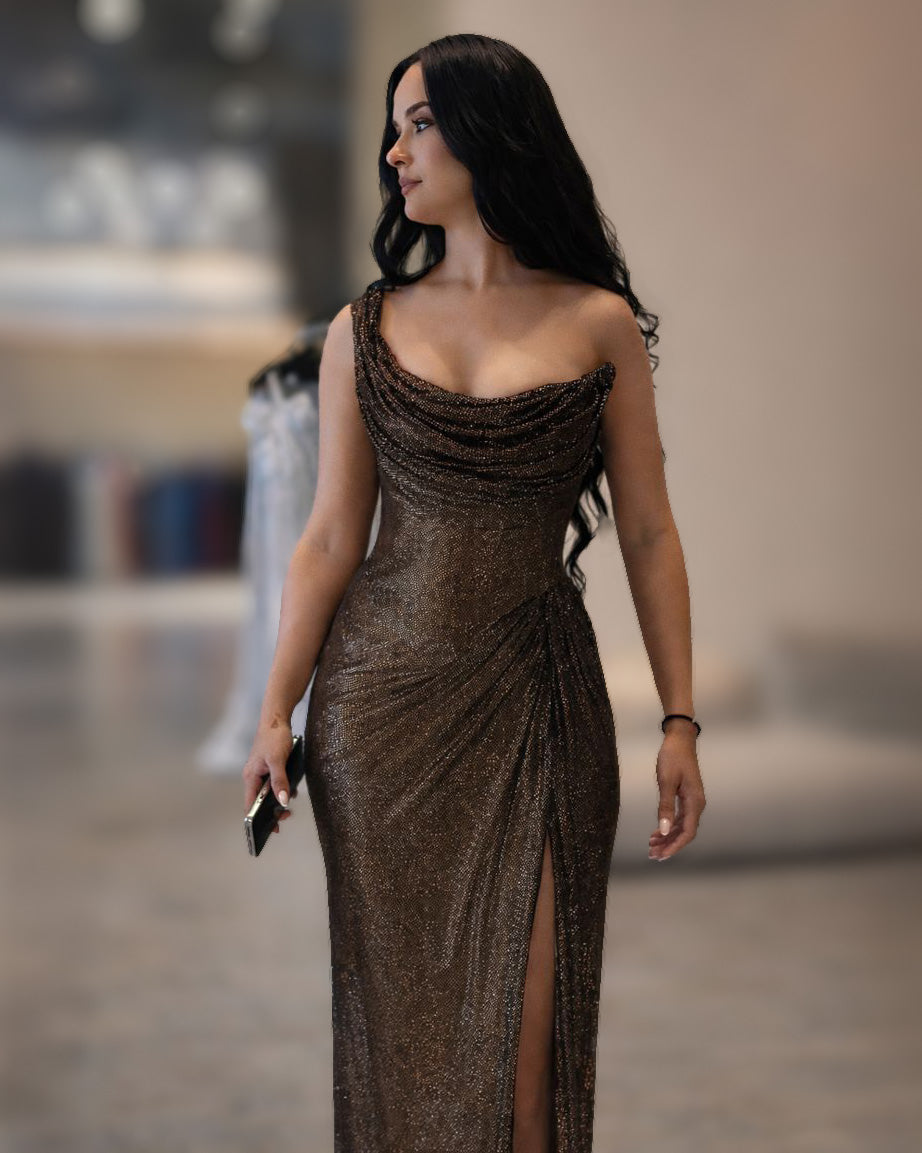 Bronze Glitter Draped Corset Evening Gown with High Slit