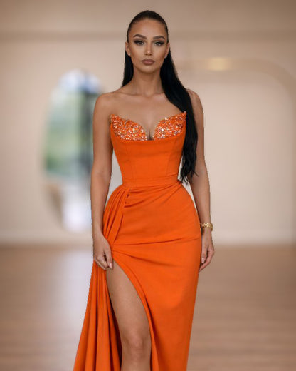 Orange Crystal Corset Gown with High Slit