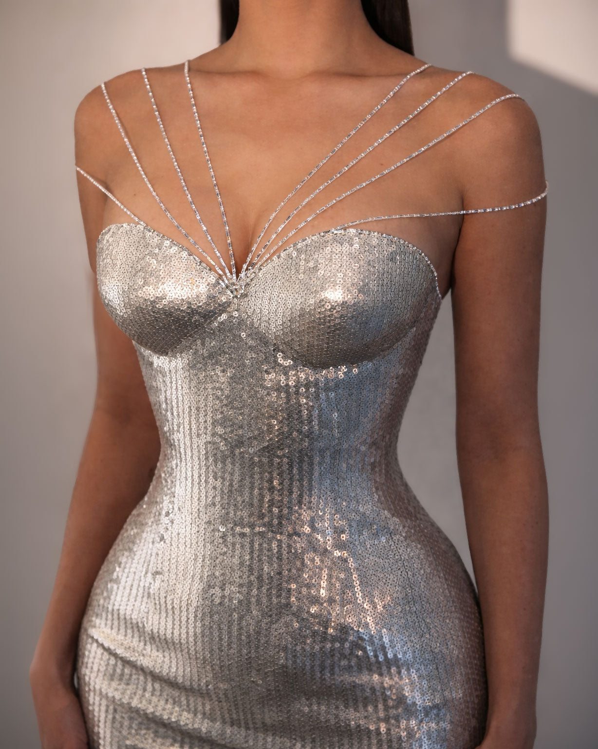 Gold Liquid Sequin Gown with Crystal Strap Detail