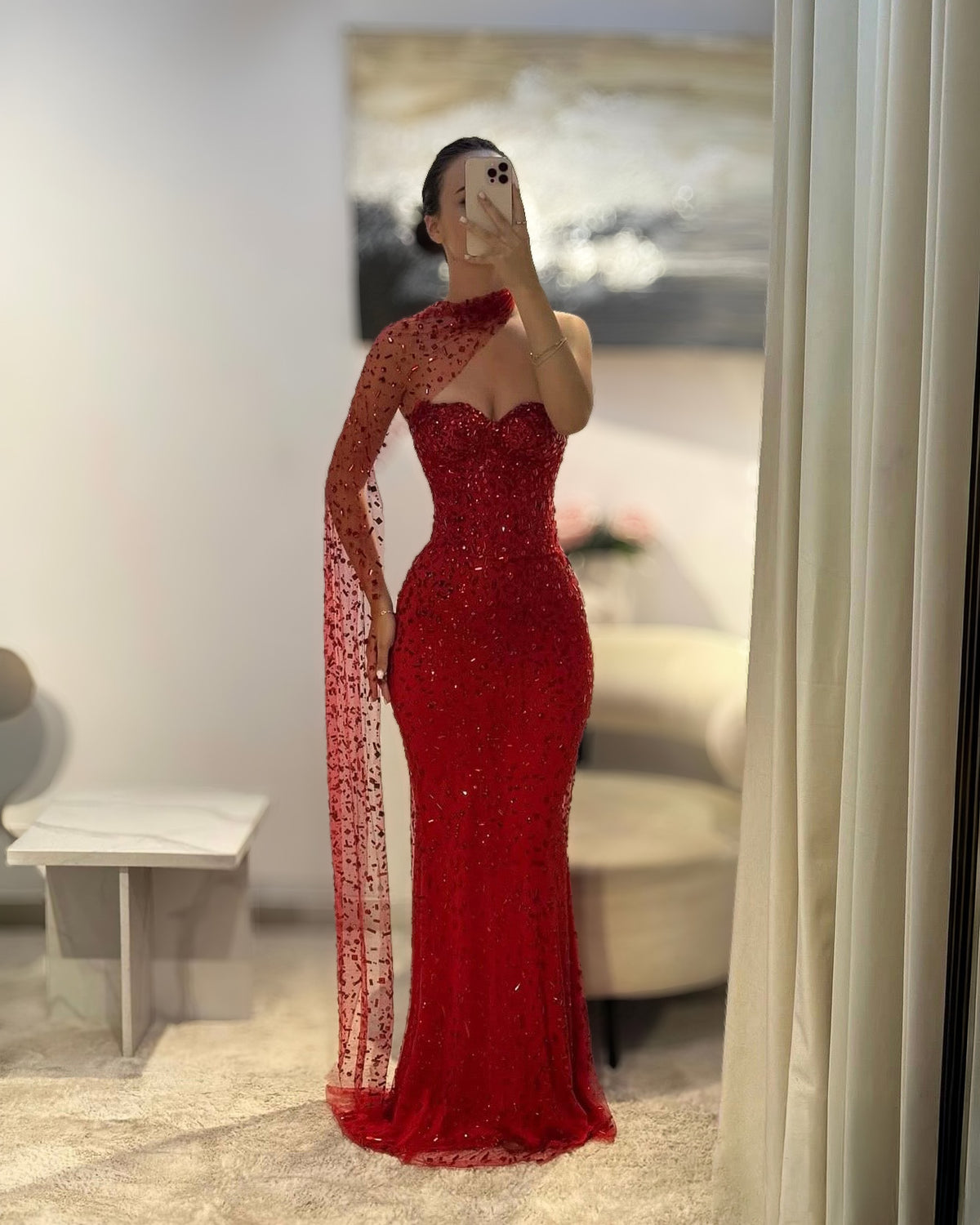 Red Crystal Beaded One-Shoulder Corset Gown