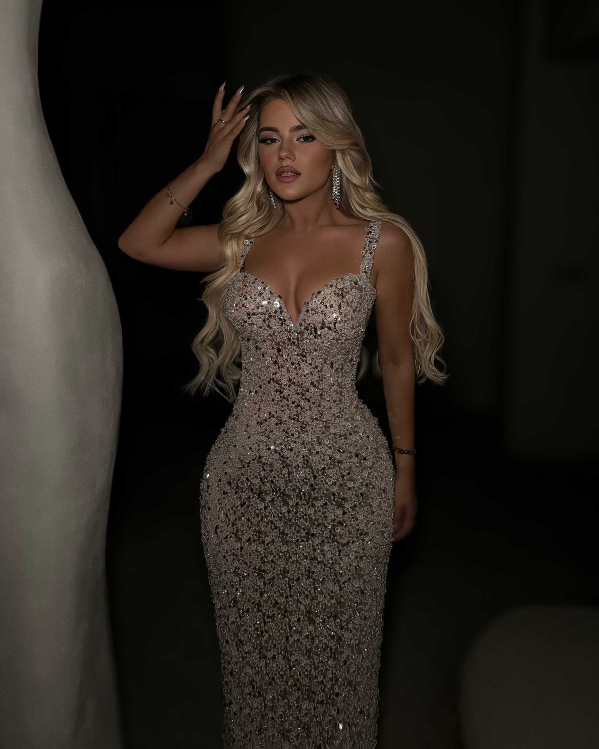 Champagne Crystal Beaded Corset Evening Gown