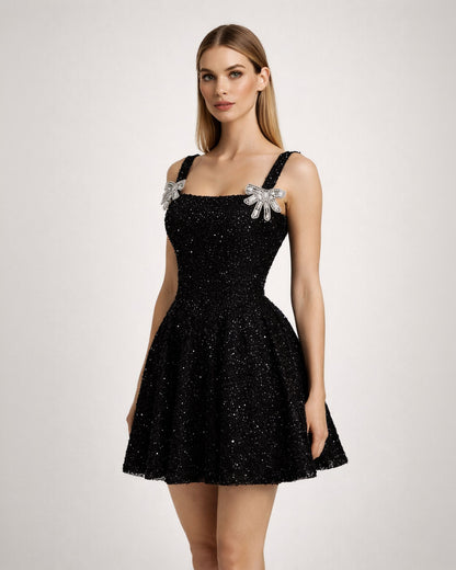 Black Embellished Bow Strap Mini Dress