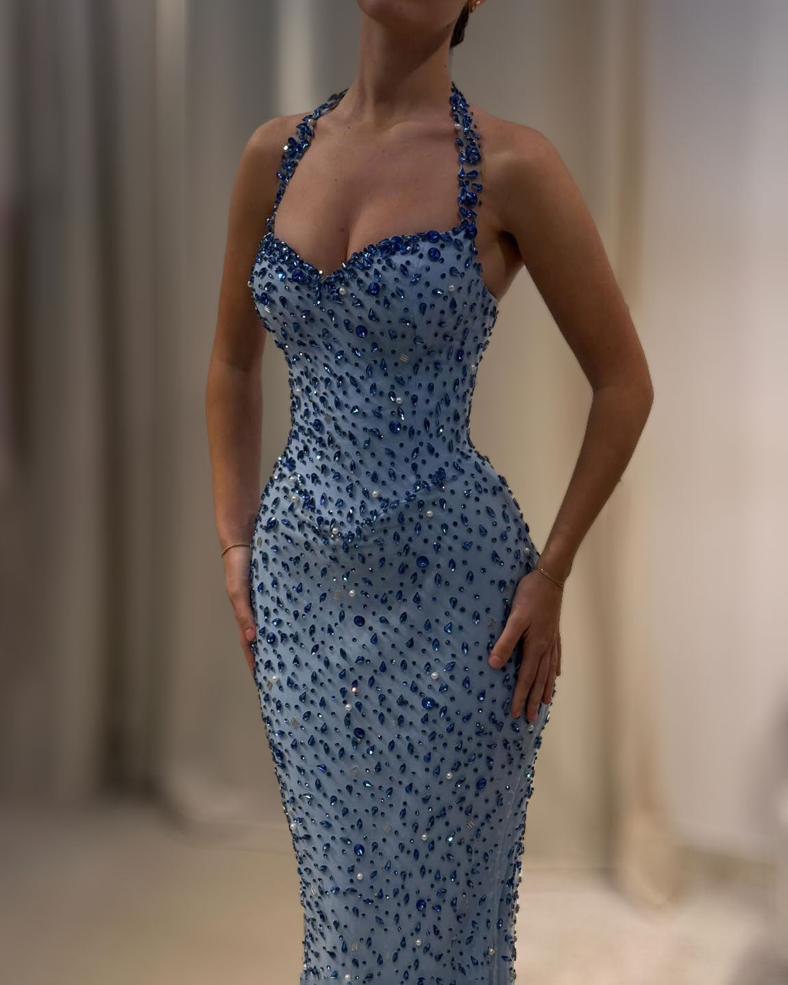 Ice Blue Sapphire Crystal Evening Gown